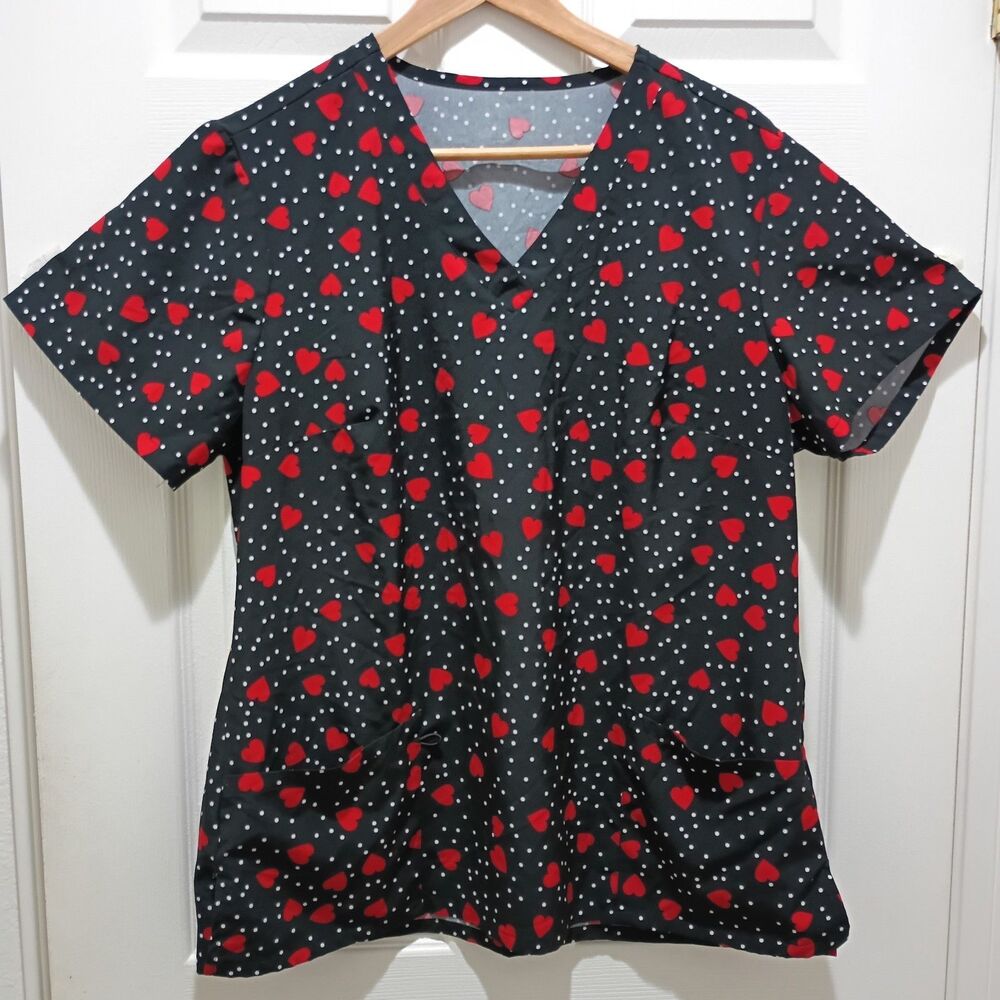 Womens Scrub Top Large Black Red Hearts Polka Dot Stretch V Neck Nurse Medical